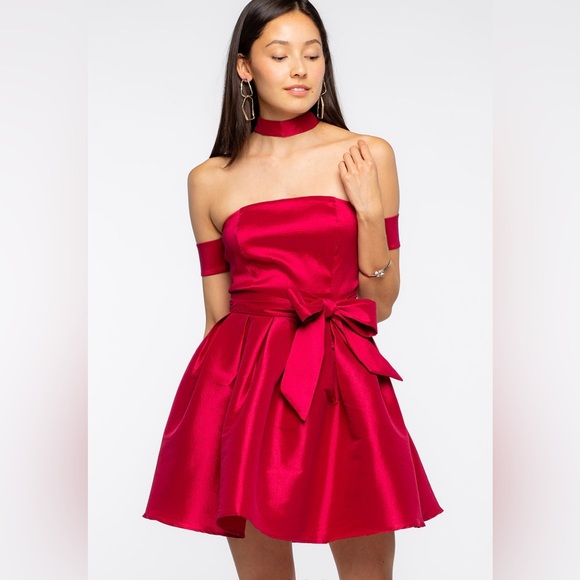NWT Papaya Satin Bow-Tie Open Back/Shoulder Choker Red Mini Dress SZ L❤️ - Picture 6 of 15
